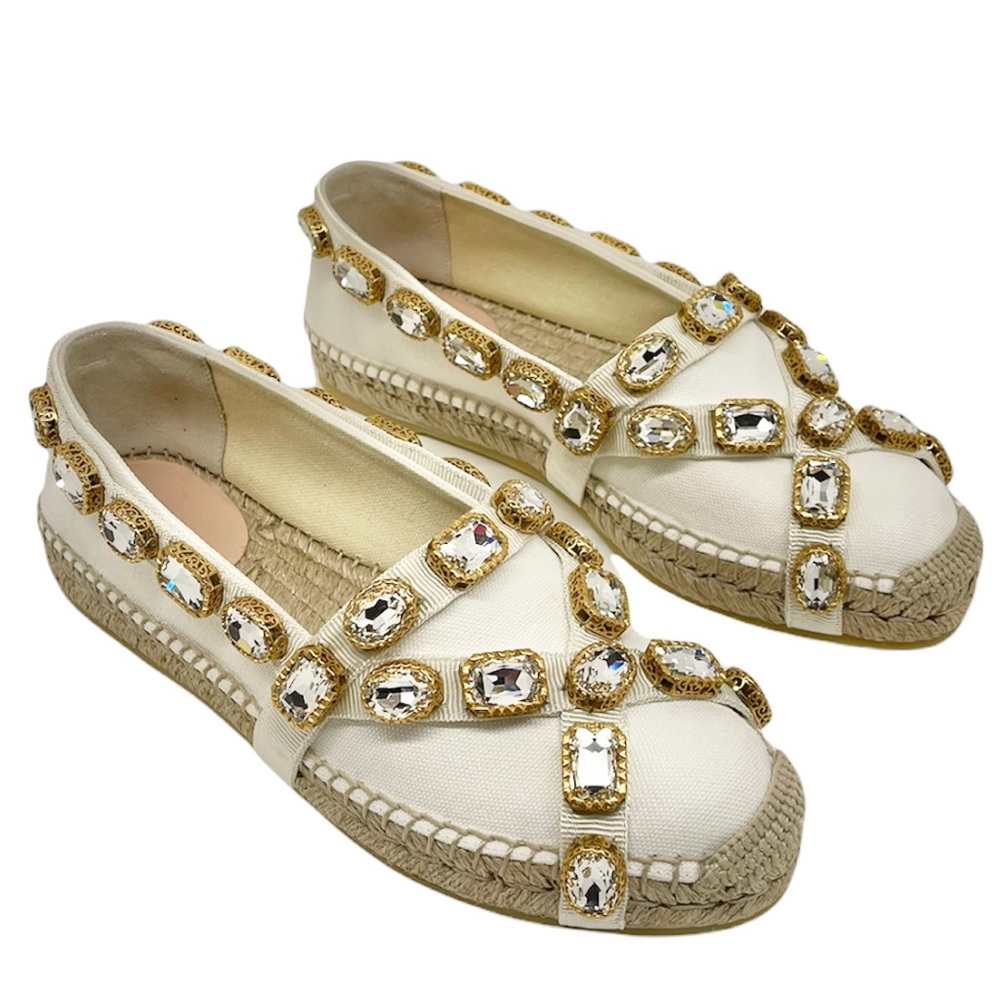 New Gucci Off White Canvas Crystals Espadrille Limited Edition